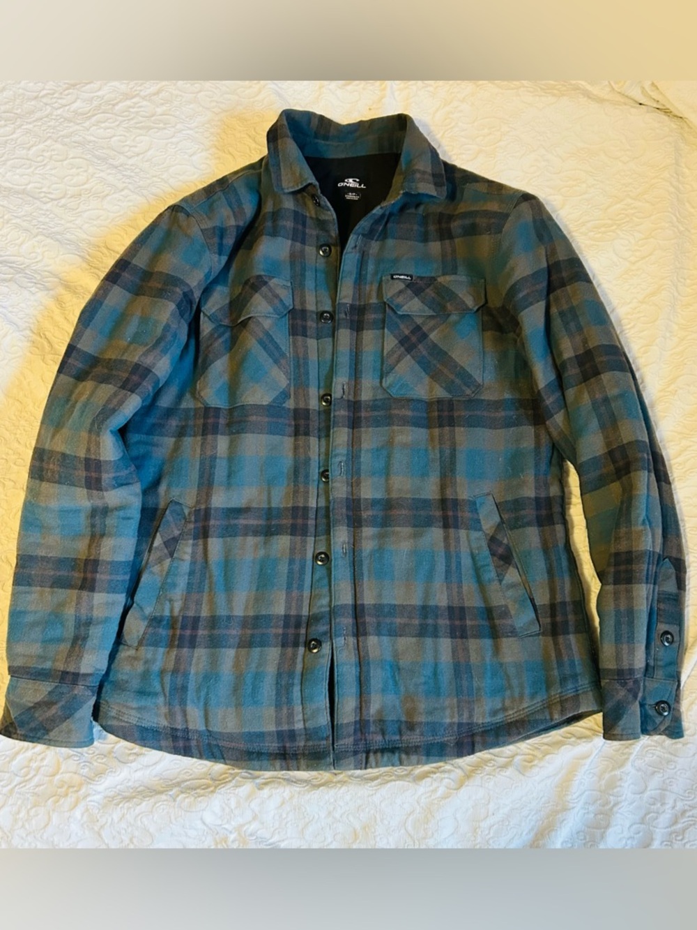 O’Neill Quilted Plaid Shacket Small Blue Grey Lined Button Front